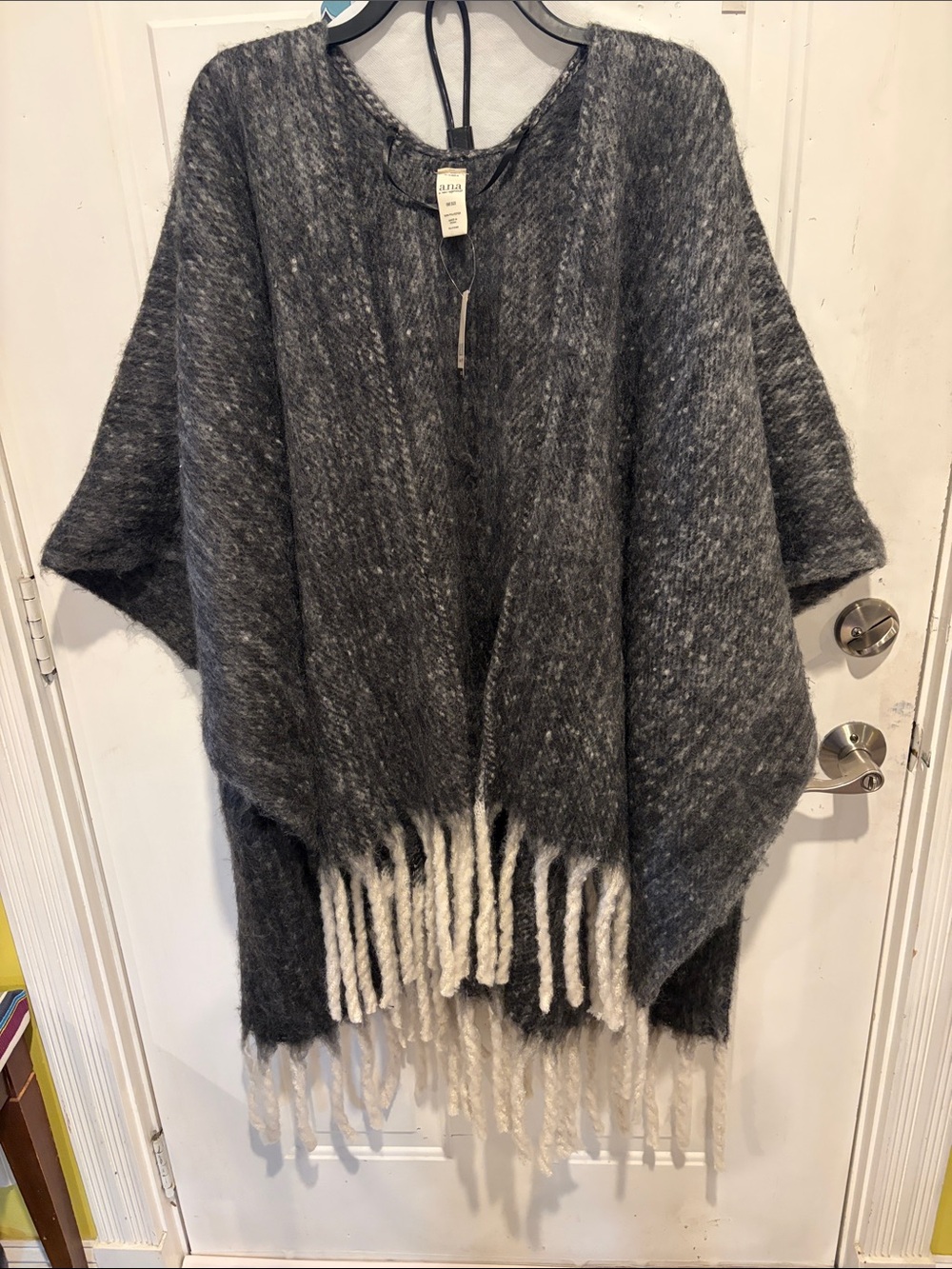 a.n.a Charcoal Gray Poncho Sweater with Cream Fringe